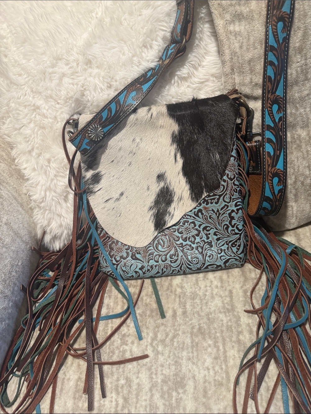 Turquoise Tooled Leather & Cowhide Fringe Crossbody Bag
